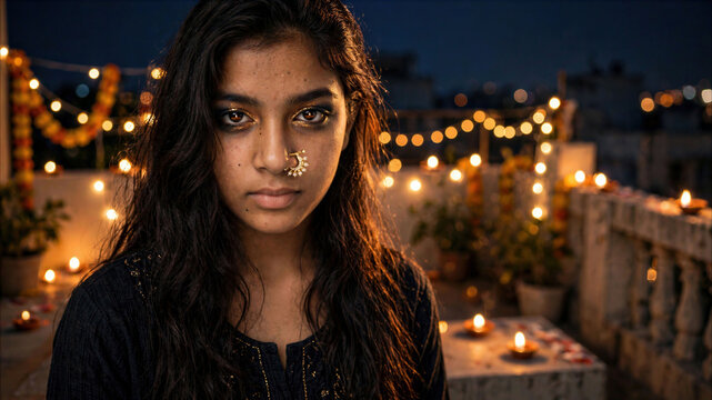 Young Indian Woman with Golden Eye Makeup and Traditional Nose Ring Celebrating Diwali Festival of Lights on a Rooftop with Lit Diyas