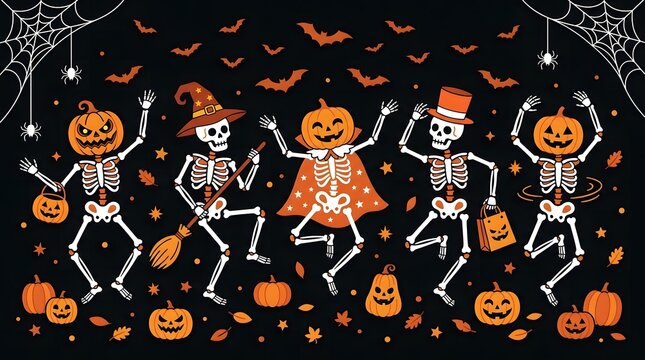 Festive halloween skeletons wearing pumpkin heads and costumes dance happily together against a dark black background filled with flying bats