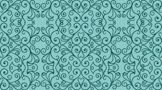 Seamless pattern with intricate teal swirl and floral scroll motifs on a matching light teal background