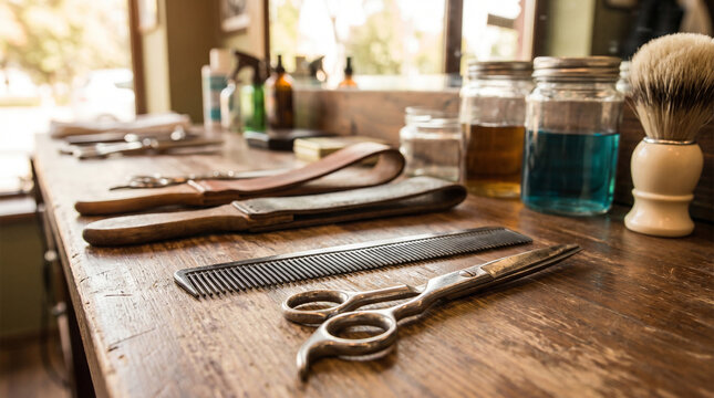 Barber Tools Laid Out on Wooden Table in Vintage Shop