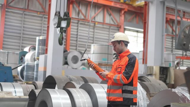 Worker checks metal rolls in factory with proper safety gear during daytime