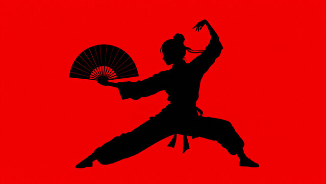 Elegant black silhouette of a woman practicing a traditional fan dance shaolin martial arts posture against a vibrant red background. graceful feminine energy, creative cultural graphic art.