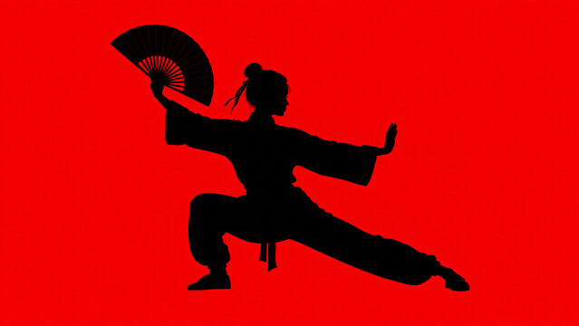Black silhouette of a woman performing a dramatic martial shaolin arts crouching  posture with an open folding fan on a bright red background. graceful cultural tradition, minimal creative art.