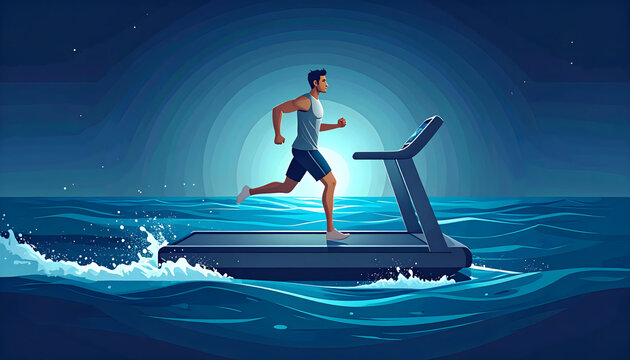 Figure running on floating treadmill in ocean captures darkly humorous empathetic futile burnout lifestyle atmosphere generative AI