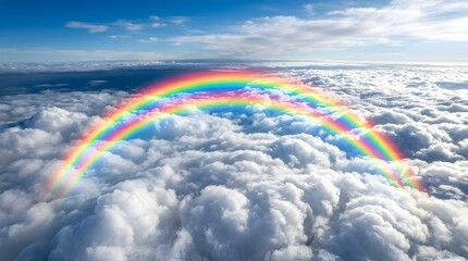 Obraz premium A vibrant colorful rainbow arches gracefully across the bright blue sky above a dense layer of fluffy white cumulus clouds captured from a high altitude.