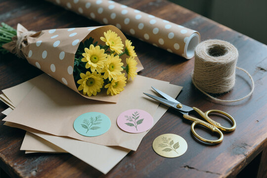 Close up of flower bouquet being wrapped in kraft paper with twine and scissors, showing florist packaging workflow. Ideal for floral retail, gift shop branding, handmade product marketing