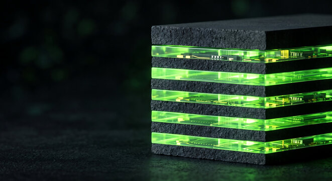Futuristic quantum computer processor with glowing green light, advanced data server hardware, high-tech semiconductor microchip module for artificial intelligence and cloud computing