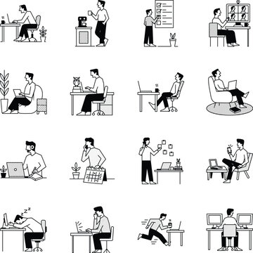 Glyph icons featuring home office productivity, planning, meetings, notifications, remote work, and daily workspace activities. 


