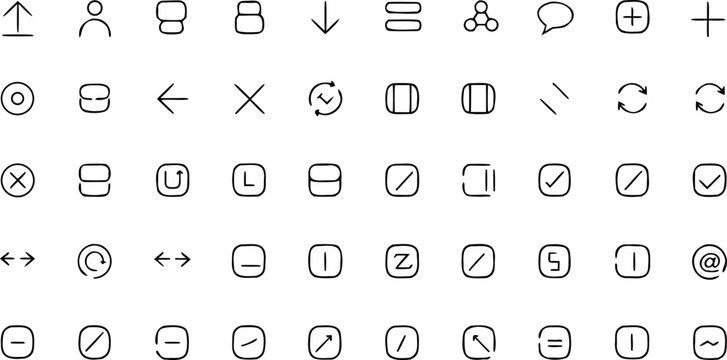 Minimalist thin line user interface vector icon pack featuring rounded square button navigation glyphs