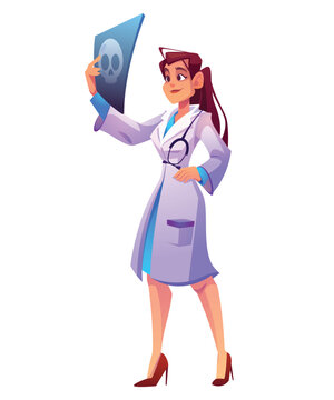 Female Doctor Examining Skull X-ray Cartoon Illustration