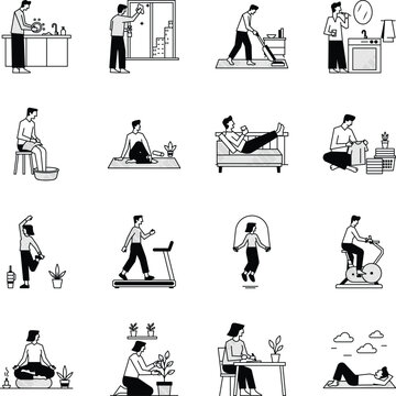 Glyph icons representing household chores, fitness, wellness, meditation, gardening, journaling, and healthy daily habits. 

