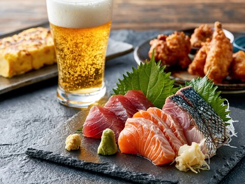 居酒屋でビールを飲みながら新鮮な刺身盛り合わせや唐揚げを食べる晩酌風景