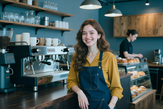Portrait of young adult Caucasian woman standing at cafe counter near espresso machine, smiling at camera while coworker preparing pastries. Ideal for small business, hospitality hiring