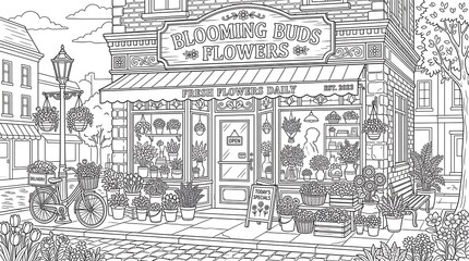 Fototapeta premium Flower shop storefront on a cobblestone street building