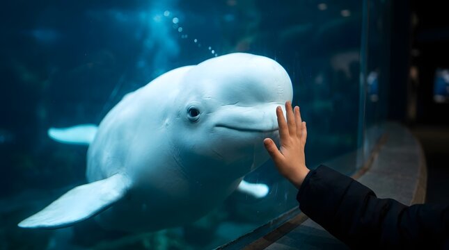 A friendly white beluga whale swims up to the glass to meet a young child who is pressing their small hand against the thick clear surface.