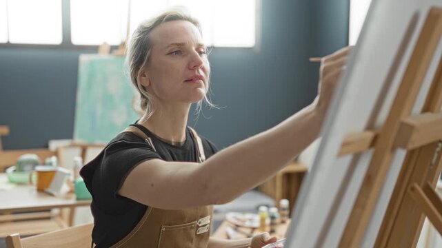 Woman painting on canvas with hand and palette, focused arm and brushstroke gesture in art studio; serenity.