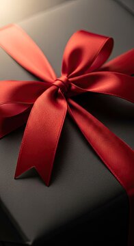 Black gift box with vibrant red satin bow.