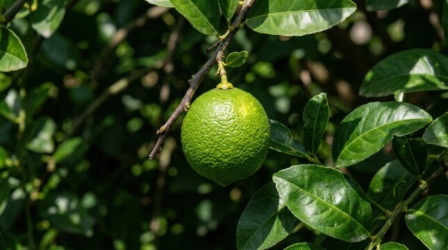 Fresh green lime hanging from a tree branch with lush leaves