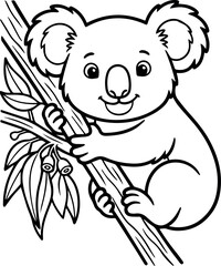 Fototapeta premium Happy koala bear hugging tree branch with leaves, cute animal illustration for coloring.