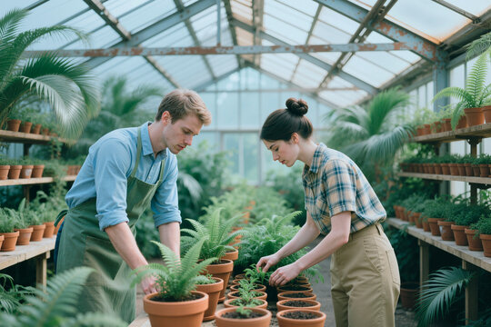 Young adult Caucasian man and woman tending potted plants in greenhouse, supporting horticulture teamwork and sustainable cultivation. Ideal for gardening business or eco branding