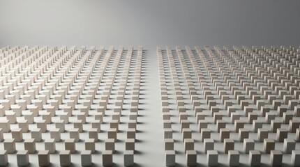 Obraz premium An orderly field of small wooden cubes arranged in perspective rows separated by a central pathway on a neutral background, corporate organization idea, abstract minimalist concept.