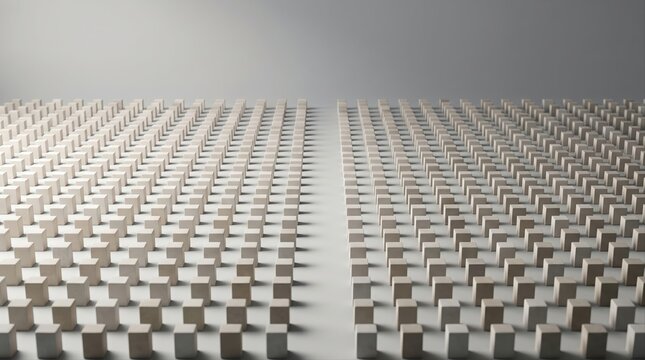 An orderly field of small wooden cubes arranged in perspective rows separated by a central pathway on a neutral background, corporate organization idea, abstract minimalist concept.
