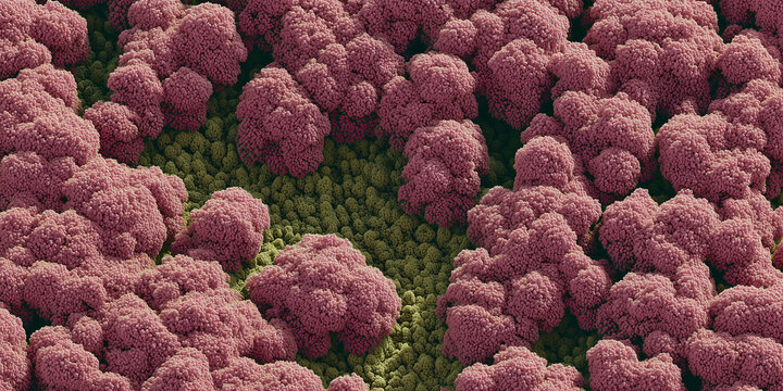Microscopic view of red blood cells and a cluster of bacteria. The red blood cells appear as biconcave discs, while the bacteria are rod-shaped