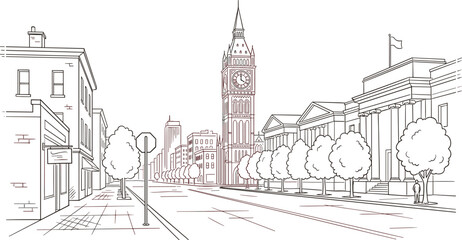 Obraz premium European avenue sketch showcasing historical clocktower alongside pedestrian sidewalk with outdoor boutique store contours