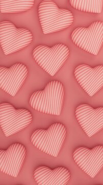 Coral pink striped pulsating hearts pattern for Valentine s Day, seamless 3D loop animation. Vertical video.