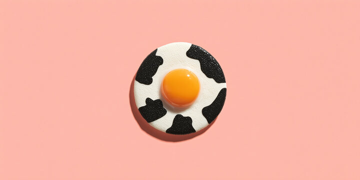 A fried egg with a cow pattern background on a pink surface