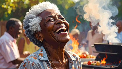 Fototapeta premium Black woman laughing boisterously at outdoor family barbecue captures pure unforced joyful spirited raw atmosphere generative AI