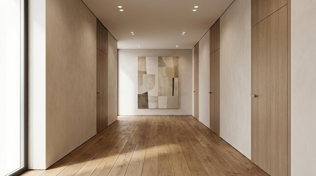 Minimalist modern hallway with wooden floor and abstract painting.