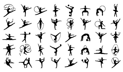 Gymnastics And Ballet Dancer Black Silhouette Vector Collection With Athletic Poses © MD