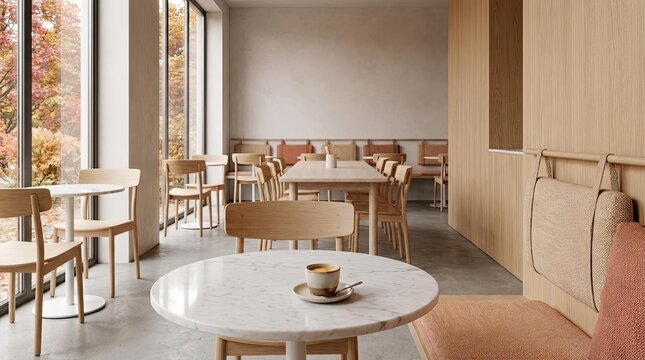 Minimalist modern cafe interior with marble tables and chairs.