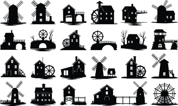 Various windmills and watermills buildings with water wheels isolated