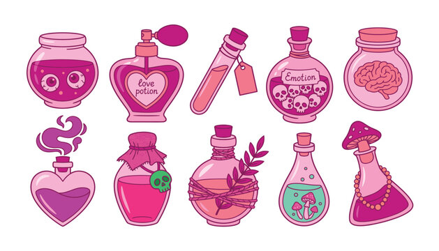 Pink magic potion bottle and fantasy witch elixir vector set. Glass flasks with love potion, skulls, brain, eyeballs, mushrooms, hearts and cork stoppers.