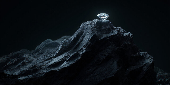 A brilliant diamond rests atop a rugged, dark mountain peak under a black sky. The diamond sparkles with inner light, a symbol of rare beauty and extreme rarity