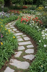 Naklejka premium Pathway Leads Through a Garden With Flowers and Green Plants on a Sunny Day in Springtime