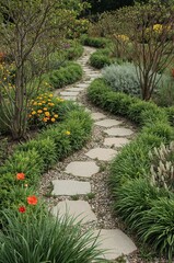 Naklejka premium Pathway Leads Through a Garden With Flowers and Green Plants on a Sunny Day in Springtime