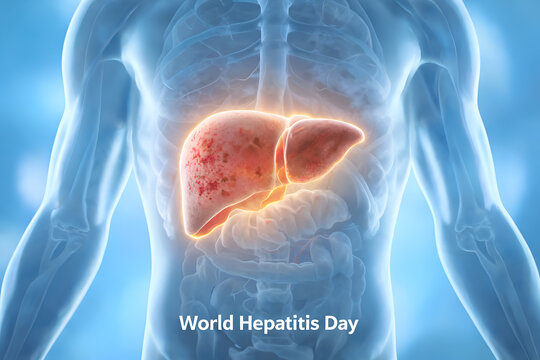 World hepatitis day illustration showing diseased human liver glowing with infection and illness