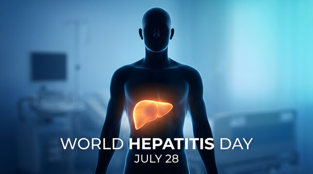 World hepatitis day illustration showing human body with glowing liver medical awareness concept july 28