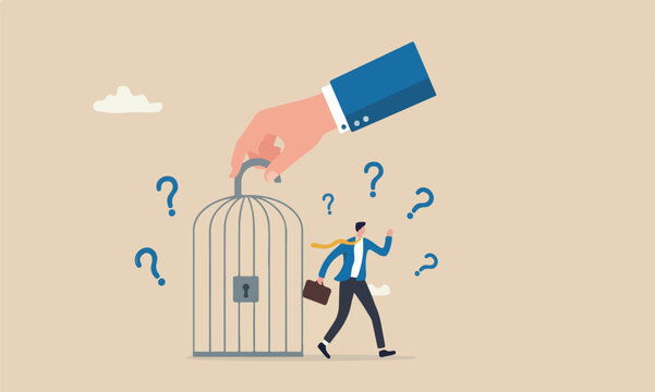 Reopen economy normal operation after peak of Coronavirus COVID-19 outbreak concept, government hand unlock the cage and businessman return to work