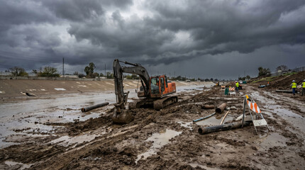 Fototapeta premium Heavy Excavator Working on Muddy Construction Site Under Stormy Skies