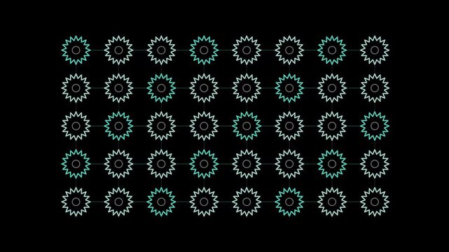 Graphic designer creates pattern with teal and gray gears on black background
