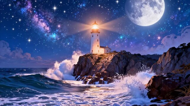 Lighthouse by the sea under starry sky