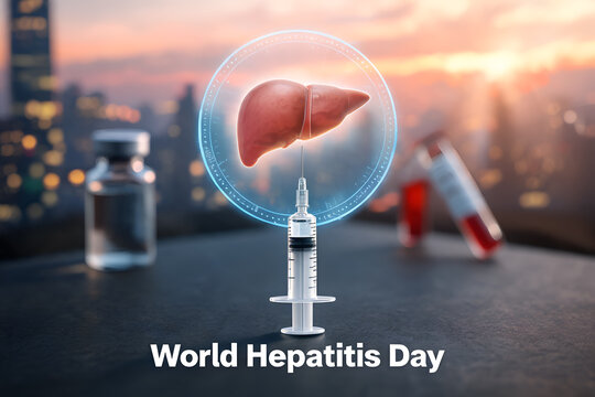 World hepatitis day syringe injection in liver hologram with medical vials on background city