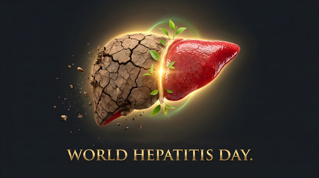 World hepatitis day symbol of healthy liver growing from dry cracked earth and green leaves