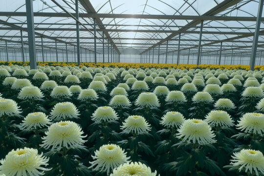 Wide angle view of chrysanthemum crop growing in commercial greenhouse, showing large scale floriculture production and controlled cultivation. For agriculture, supply chain, horticulture marketing