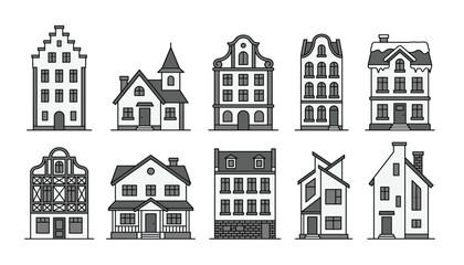 Fototapeta premium European house and town building line art vector set. Monochromatic tiny homes with various roofs, windows, doors, chimneys and architectural facades.