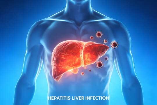Hepatitis liver infection visualization, human body with inflamed liver and surrounding viruses
